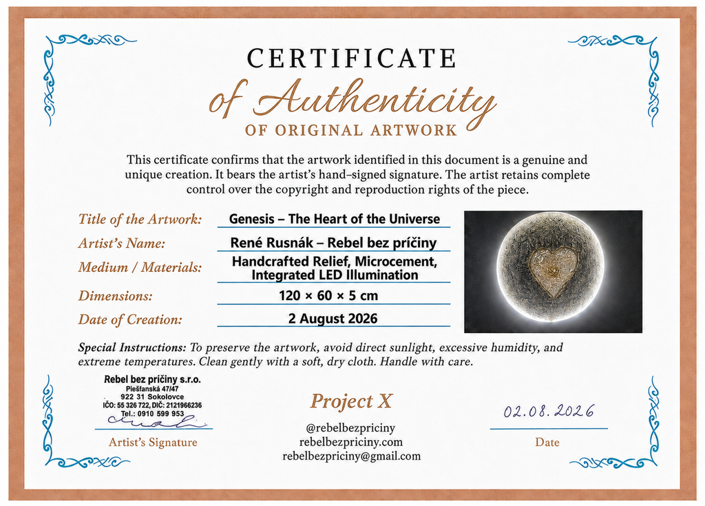 Certificate of Authenticity for the original artwork "Genesis – The Heart of the Universe" by René Rusňák (Rebel bez príčiny), featuring the artwork preview, dimensions, creation date, and artist information.