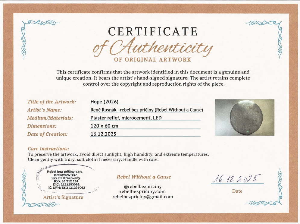 Certificate of Authenticity for Hope (2026), original handcrafted illuminated relief artwork by Project X, signed by the artist and accompanying the artwork.