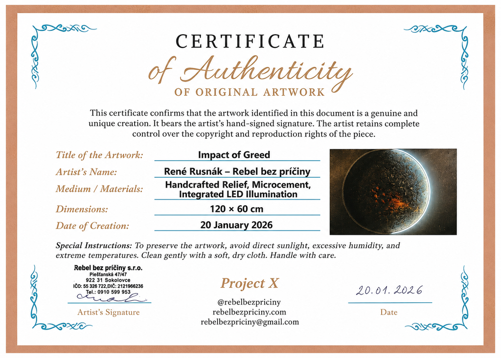 Certificate of Authenticity for "Impact of Greed" (2026), an original handcrafted illuminated relief artwork by René Rusnák – Project X.