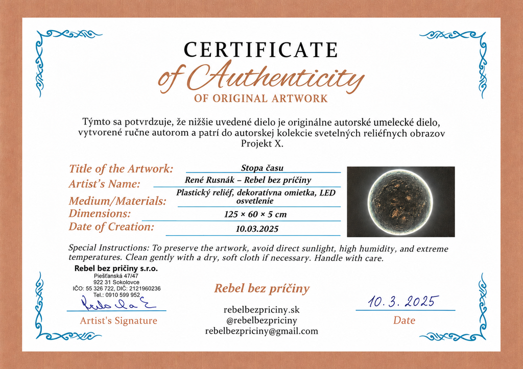 Certificate of Authenticity for Traces of Time (2025), an original handcrafted illuminated relief artwork by René Rusnák from the Project X collection.