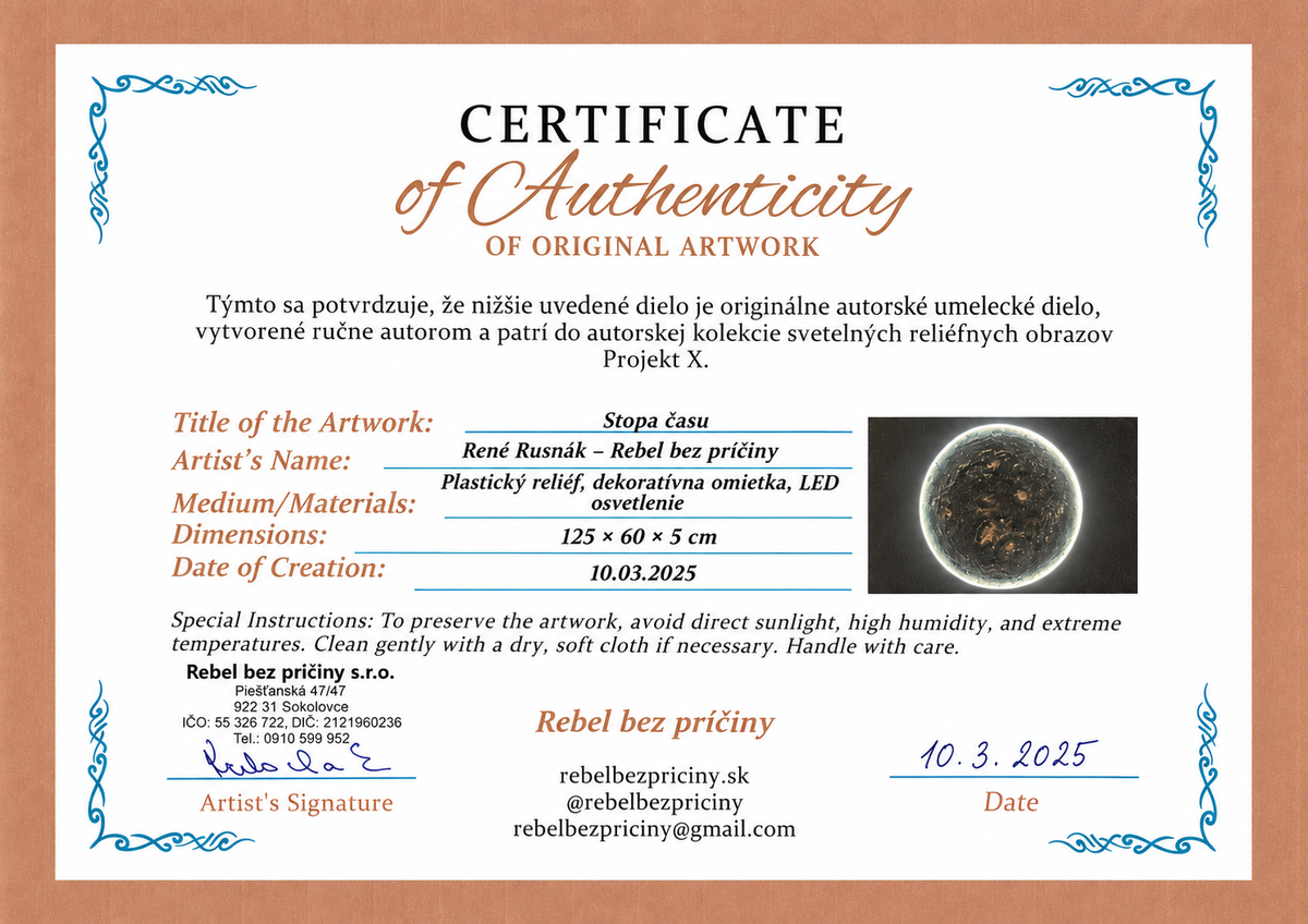 Certificate of Authenticity for Traces of Time (2025), an original handcrafted illuminated relief artwork by René Rusnák from the Project X collection.