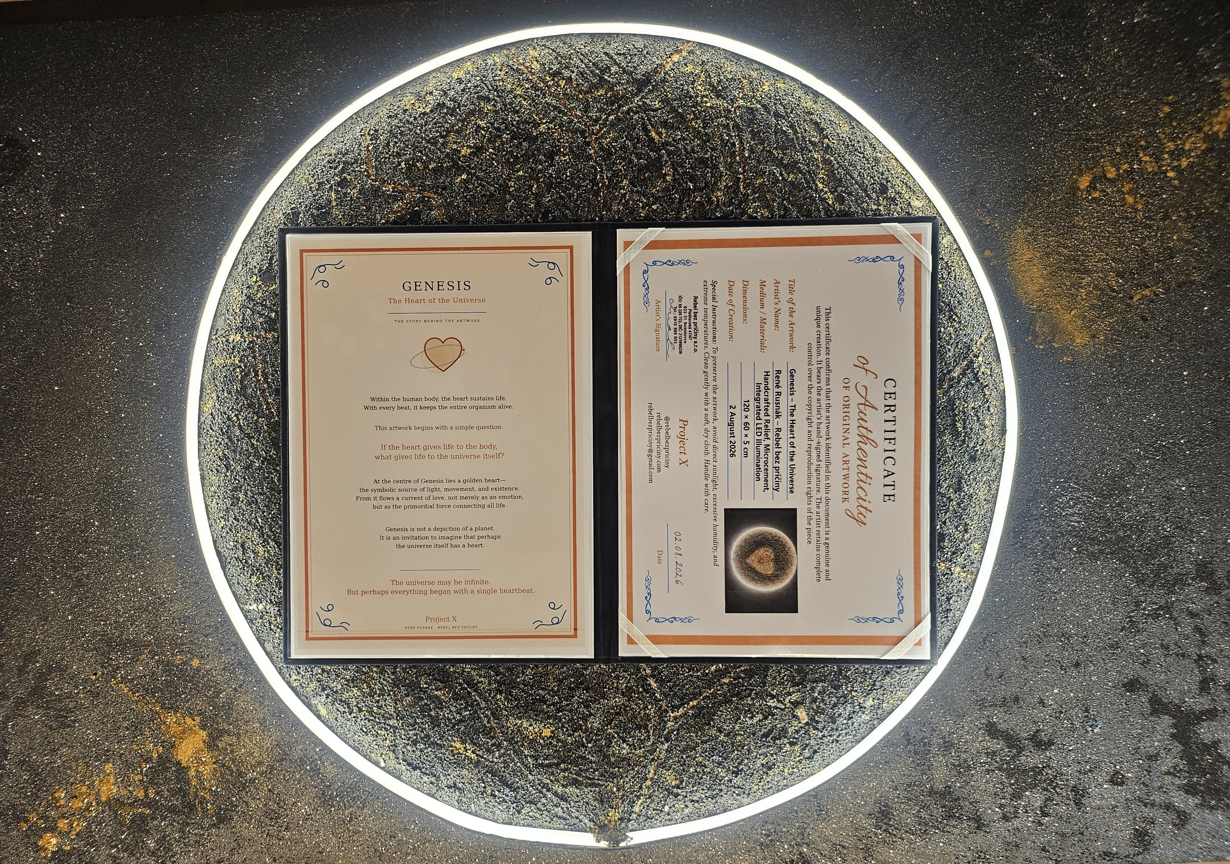 Open presentation folder containing the story and certificate of authenticity for Genesis – The Heart of the Universe, displayed on the illuminated artwork.