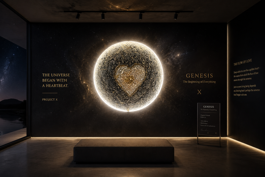 Genesis displayed in a premium contemporary gallery. The illuminated relief artwork features a glowing planetary form with a golden heart at its core, symbolizing the origin of life and the flow of love through the universe.