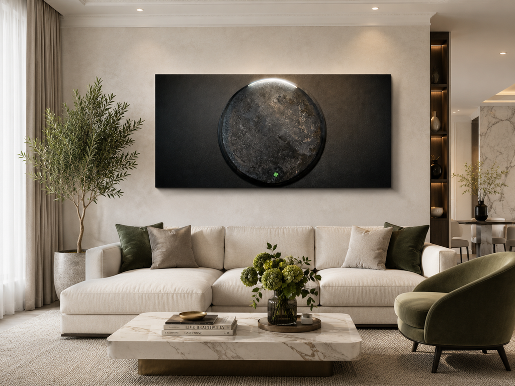 Hope illuminated relief artwork by Project X displayed in an elegant contemporary living room.