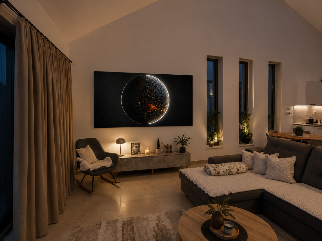 Impact of Greed illuminated relief artwork by Project X displayed in a contemporary living room with warm ambient lighting.