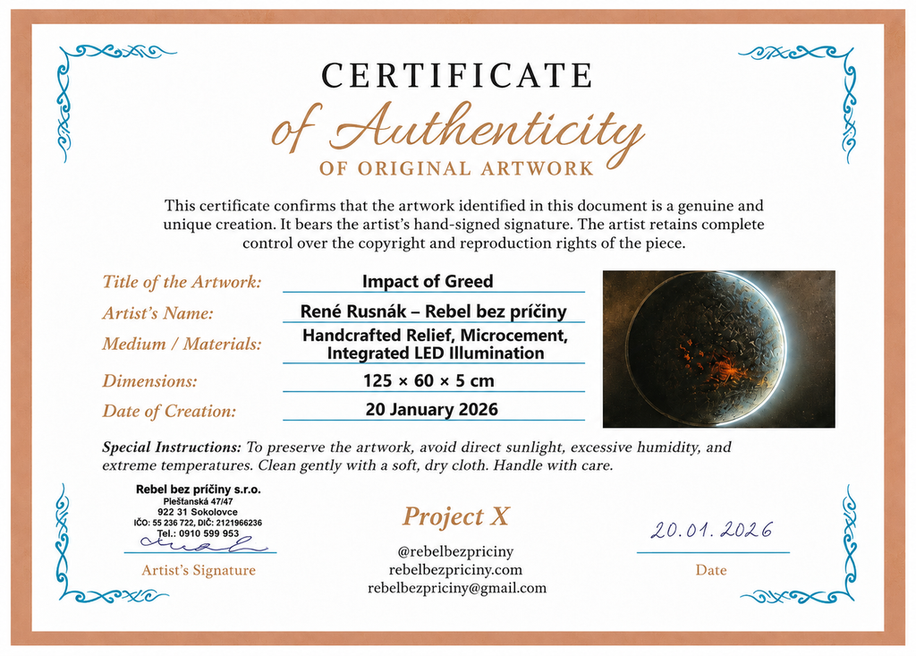 Certificate of Authenticity for Impact of Greed (2026), an original illuminated relief artwork by René Rusnák – Project X.
