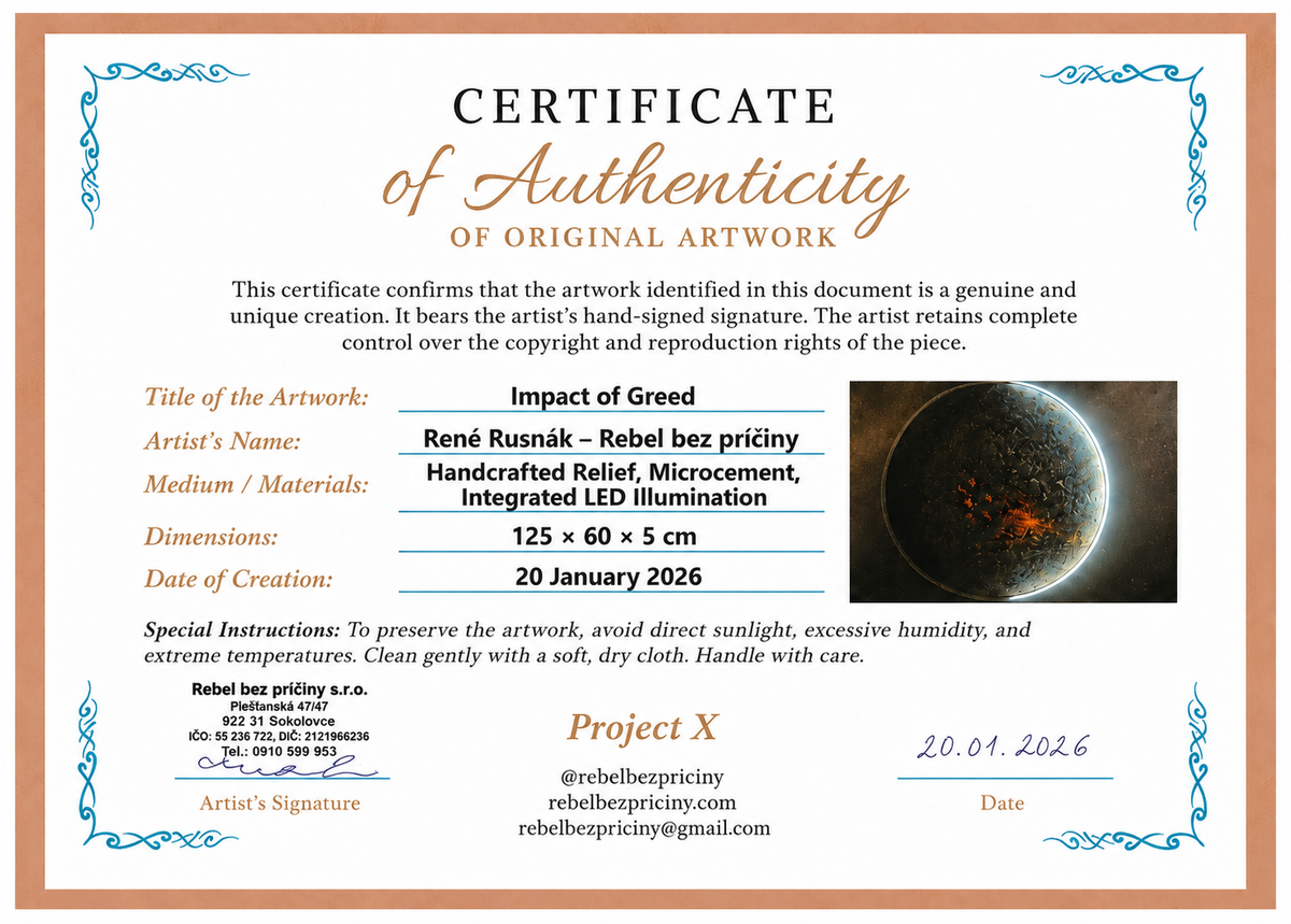 Certificate of Authenticity for Impact of Greed (2026), an original illuminated relief artwork by René Rusnák – Project X.