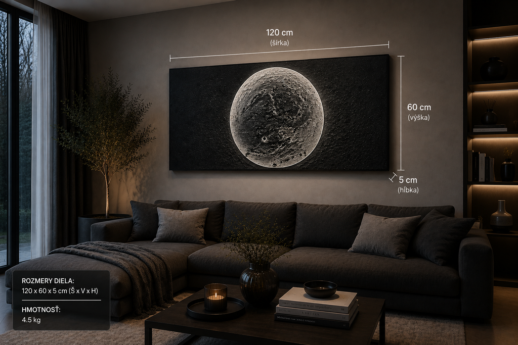 Visualize the artwork in your own space.

This interior visualization showcases the true scale of the artwork, helping you imagine how it will appear in a modern living environment.

Dimensions: 120 × 60 × 5 cm (W × H × D)
Weight: 4.5 kg

Each piece is handcrafted, one of a kind, and delivered with a Certificate of Authenticity.