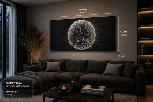 Visualize the artwork in your own space.

This interior visualization showcases the true scale of the artwork, helping you imagine how it will appear in a modern living environment.

Dimensions: 120 × 60 × 5 cm (W × H × D)
Weight: 4.5 kg

Each piece is handcrafted, one of a kind, and delivered with a Certificate of Authenticity.