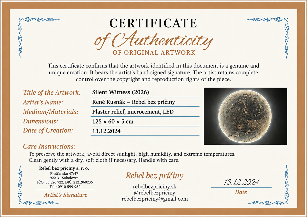Certificate of Authenticity for Silent Witness (2026), an original handcrafted illuminated relief artwork by René Rusnák – Rebel bez príčiny, Project X.