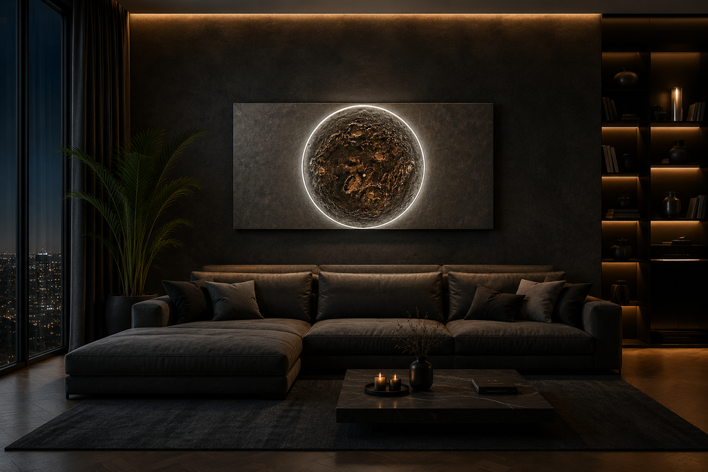 Trace of Time (2026) handcrafted illuminated relief artwork featuring a sculpted planetary surface with a hidden skull motif and circular LED horizon by Project X.