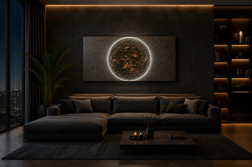 Trace of Time (2026) handcrafted illuminated relief artwork featuring a sculpted planetary surface with a hidden skull motif and circular LED horizon by Project X.