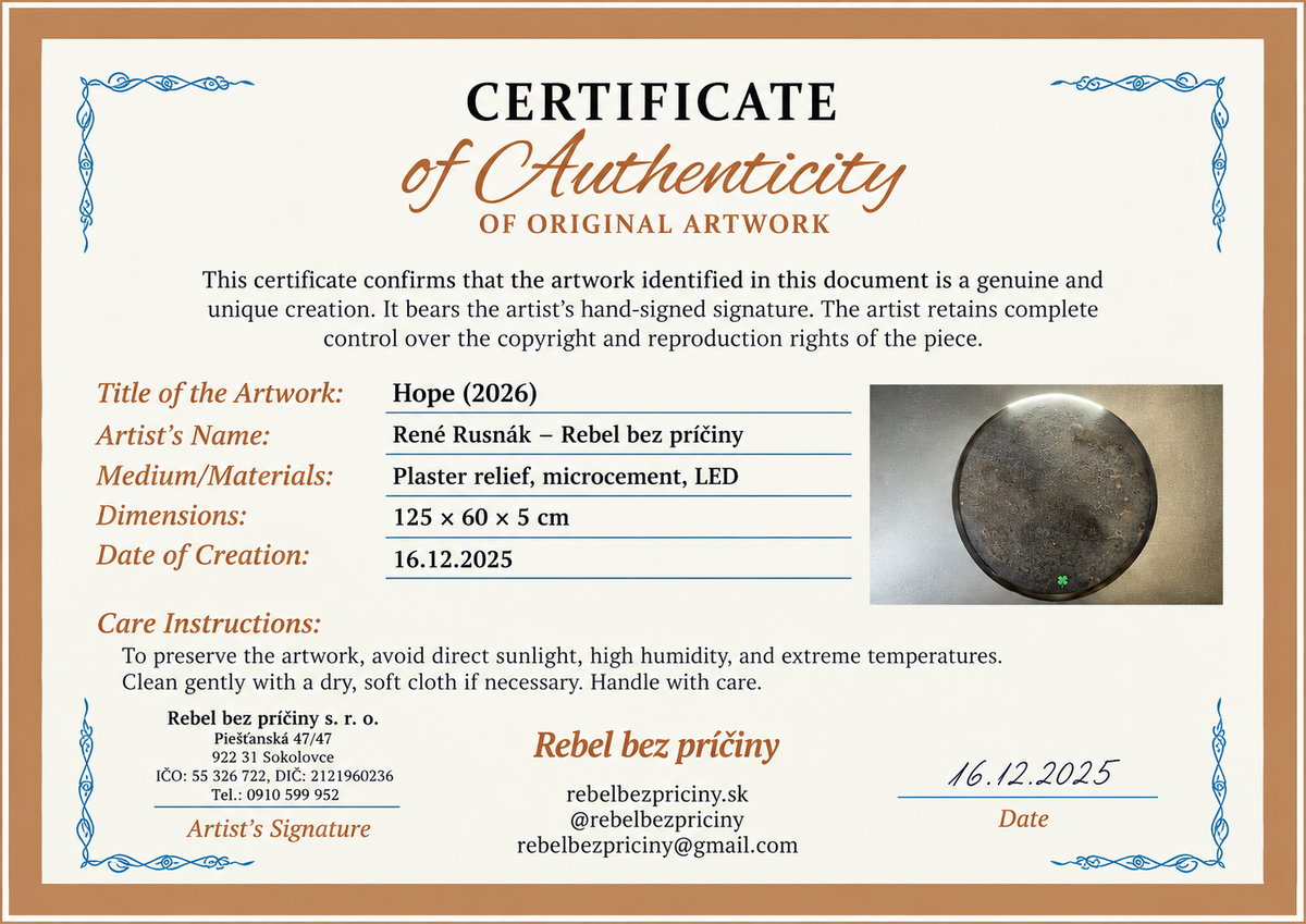 Certificate of Authenticity for Hope, created on 16 December 2025, an original handcrafted illuminated relief artwork by René Rusnák – Rebel bez príčiny, Project X.
