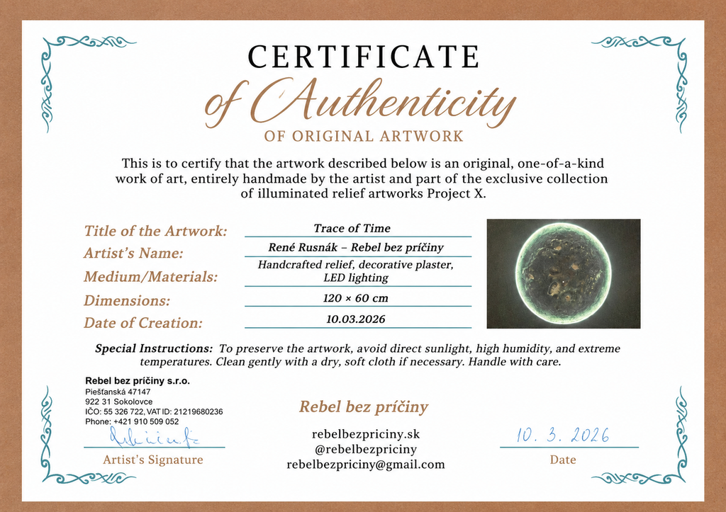Certificate of Authenticity for Trace of Time (2026), original handcrafted illuminated relief artwork by René Rusnák from the Project X collection, confirming originality, dimensions and creation details.