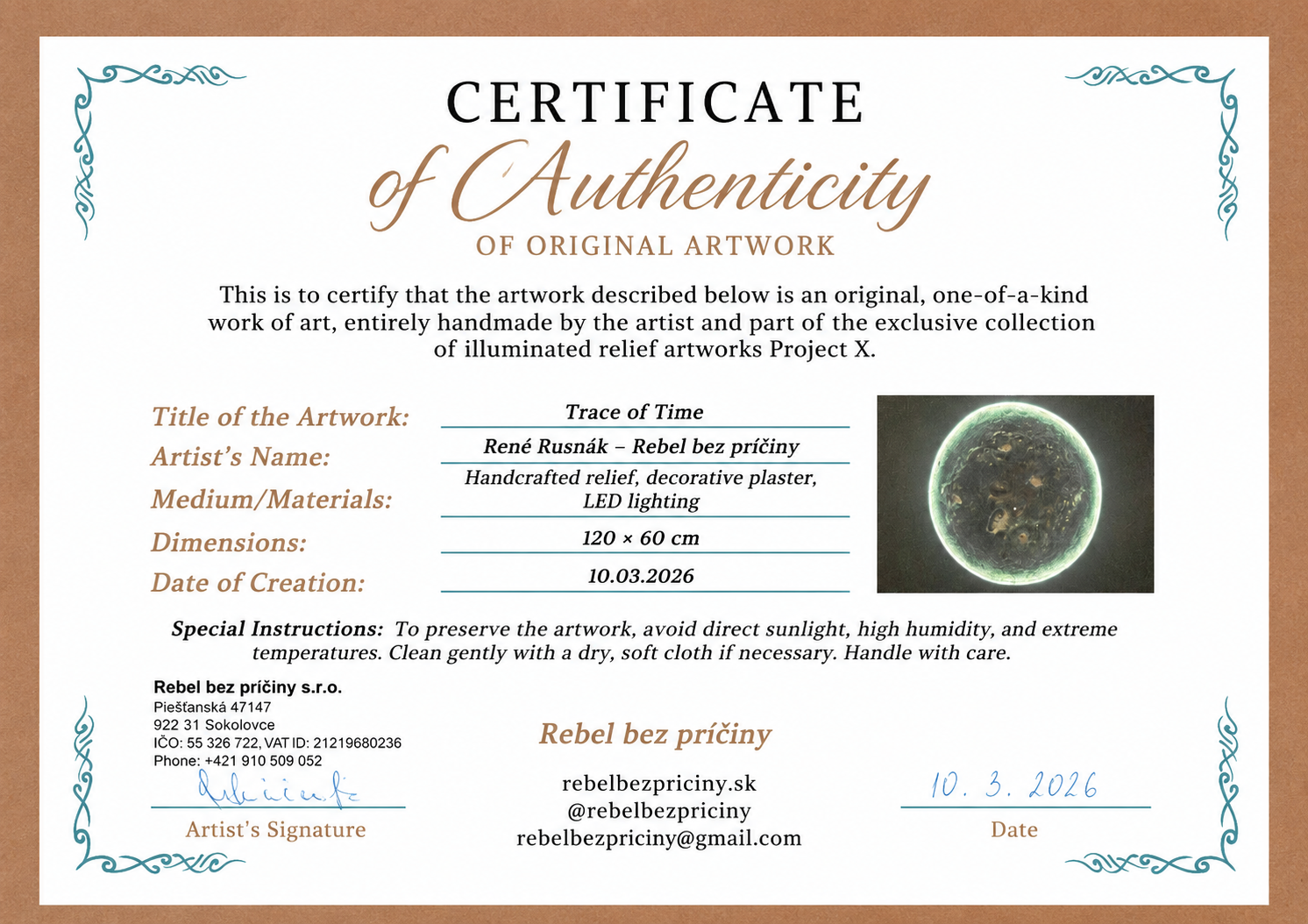 Certificate of Authenticity for Trace of Time (2026), original handcrafted illuminated relief artwork by René Rusnák from the Project X collection, confirming originality, dimensions and creation details.