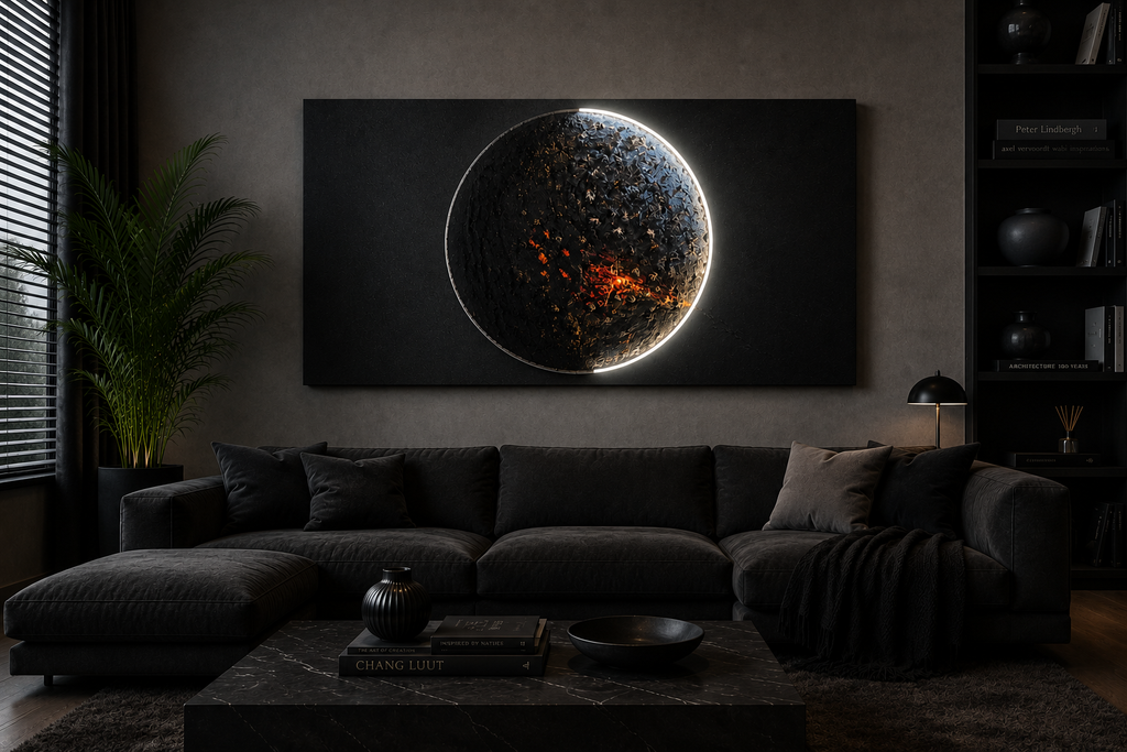 Impact of Greed (2026) handcrafted illuminated relief artwork by Project X. A textured cosmic planet with a glowing molten heart symbolizing humanity consumed by greed. 120 × 60 × 5 cm.