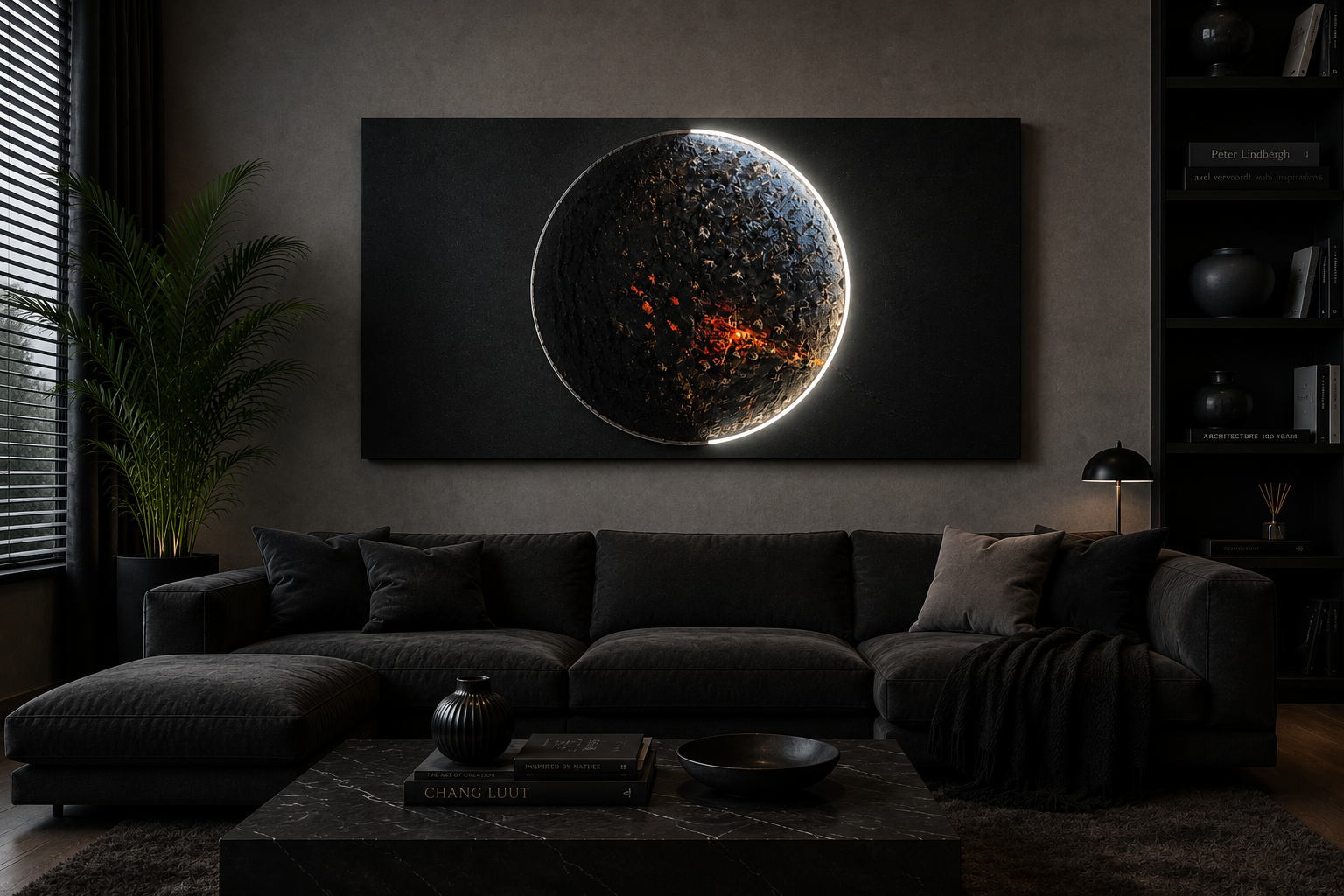 Impact of Greed (2026) handcrafted illuminated relief artwork by Project X. A textured cosmic planet with a glowing molten heart symbolizing humanity consumed by greed. 120 × 60 × 5 cm.