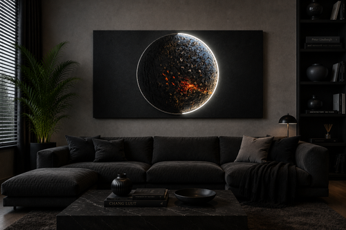 Impact of Greed (2026) handcrafted illuminated relief artwork by Project X. A textured cosmic planet with a glowing molten heart symbolizing humanity consumed by greed. 120 × 60 × 5 cm.