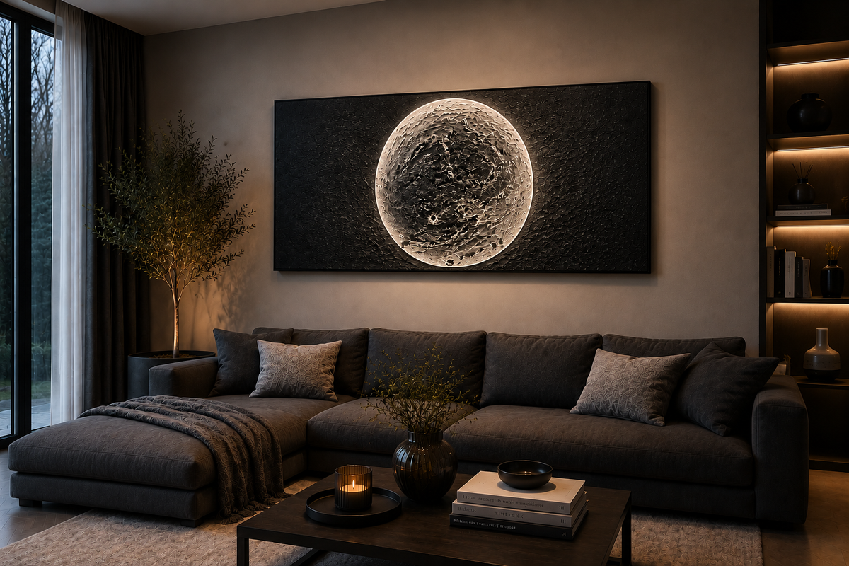 Silent Witness illuminated relief artwork by Project X displayed in a modern interior, showing the 125 × 60 × 5 cm scale and integrated LED illumination.