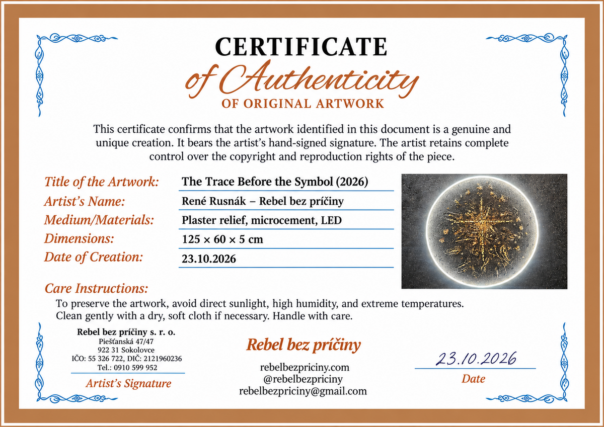 Certificate of Authenticity — THE TRACE BEFORE THE SYMBOL, PROJECT X, created 23 October 2026, 125 × 60 × 5 cm.